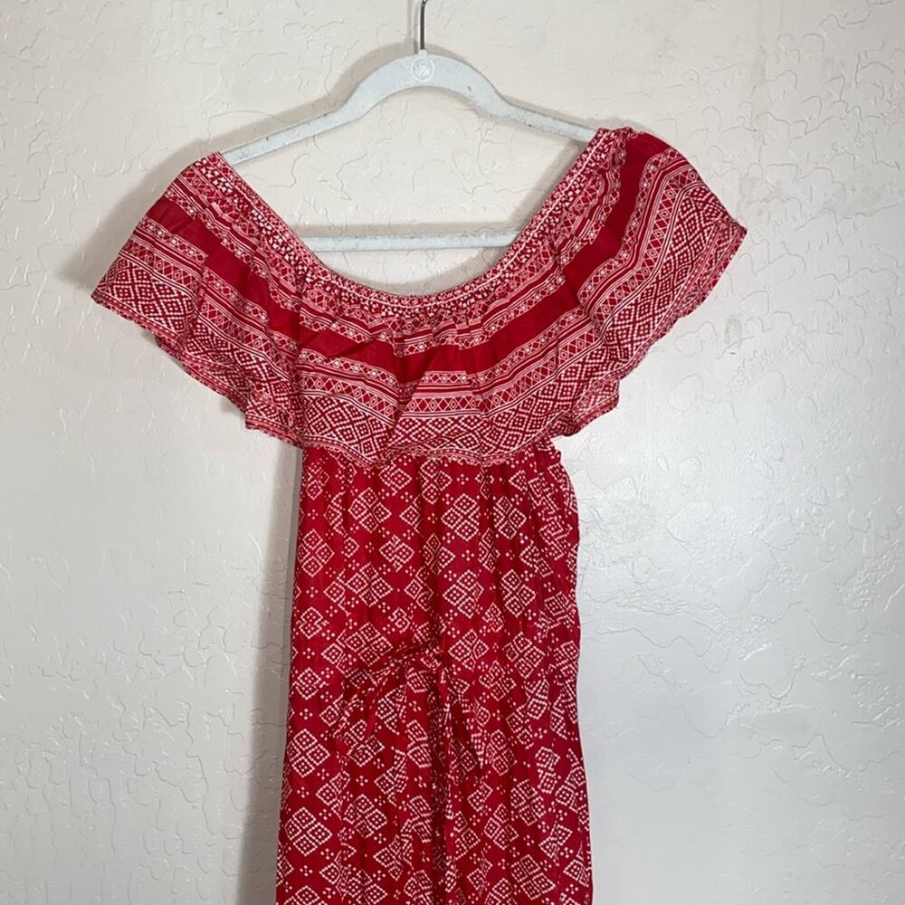 Talisman Babylon boho beachy festival red and white off the shoulder maxi dress